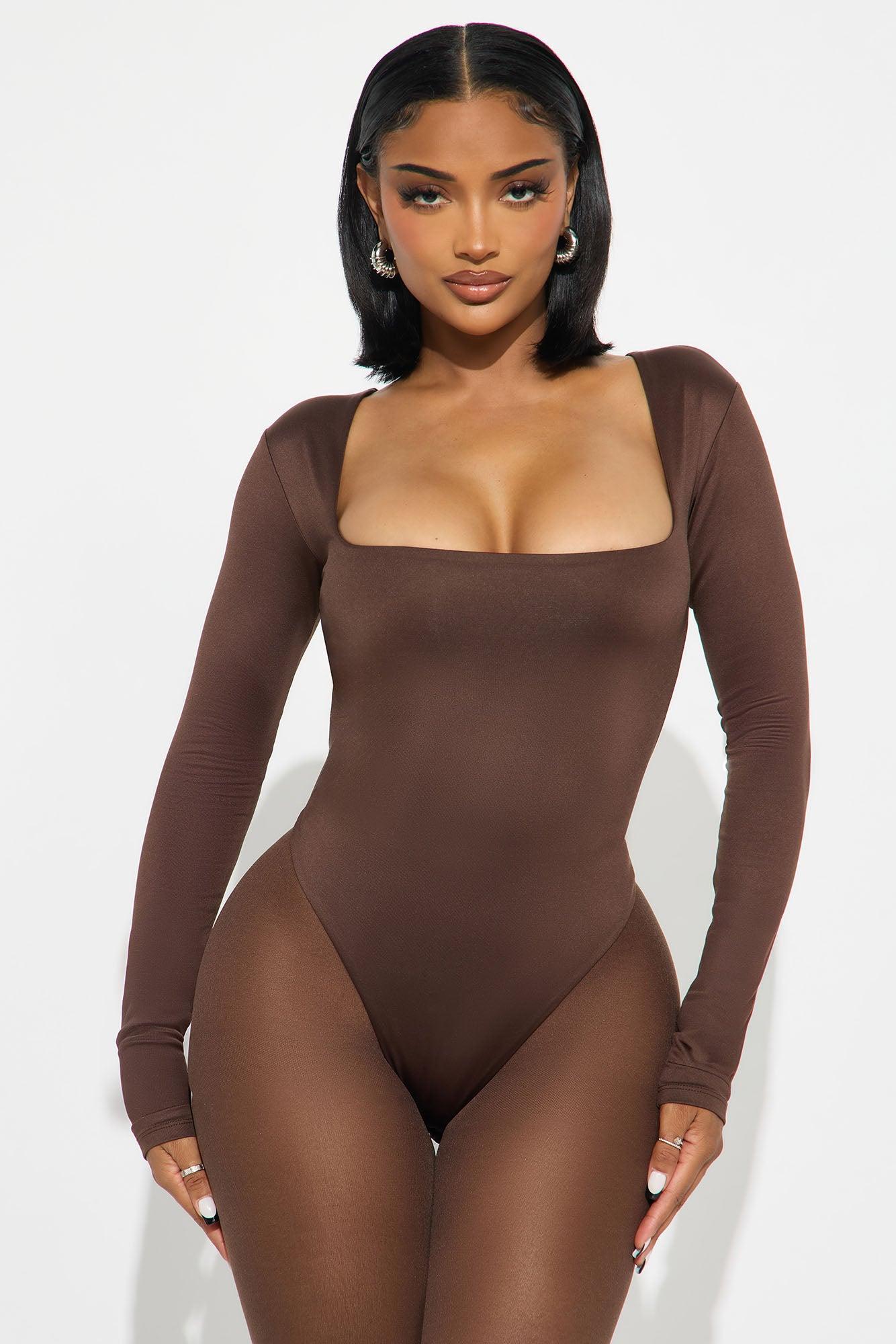 Contour Double Lined Long Sleeve Square Neck Bodysuit - Chocolate Female Product Image