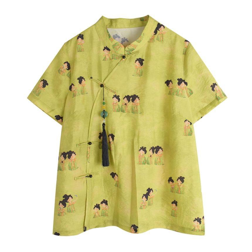 Plus Size Short-Sleeve Stand Collar Patterned Tassel Frog Buttoned Blouse / Elastic Waist Wide Leg Shorts Product Image