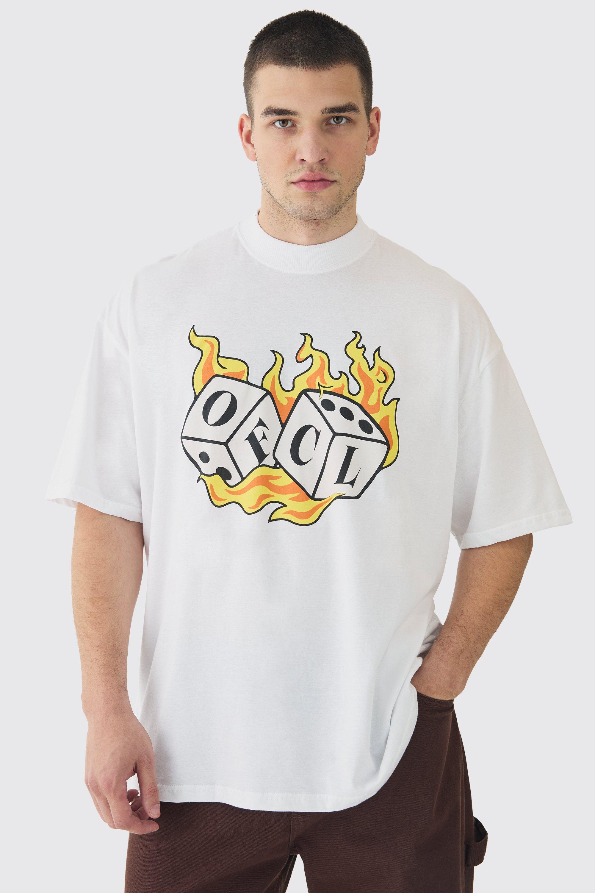 Mens Tall OFCL Flame Dice Printed Extended Neck T-Shirt - White Product Image