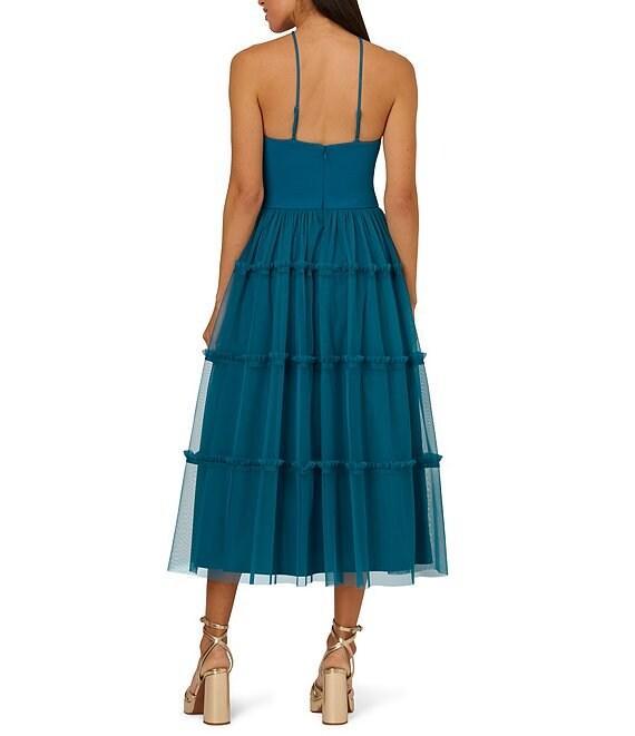 Adrianna Papell Knit And Mesh Halter Neck Sleeveless Tiered Trimmed A-Line Dress Product Image