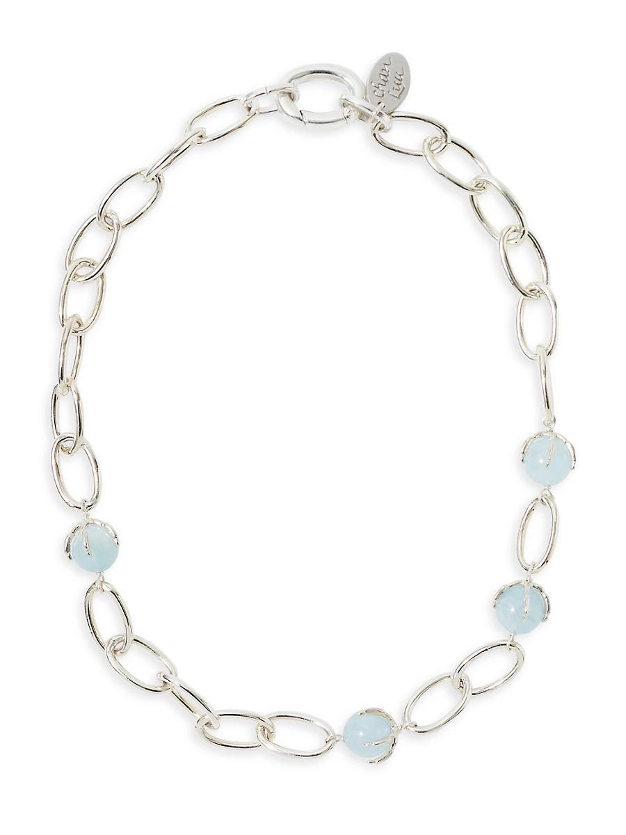 Womens Silver-Plated & Aquamarine Beaded Chain Necklace Product Image