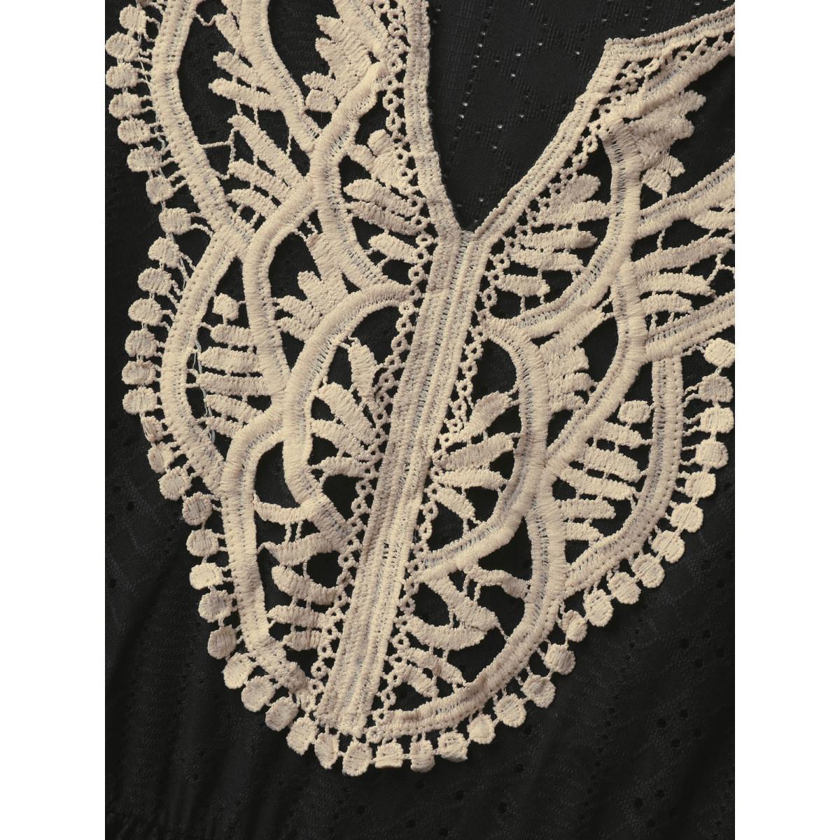 Plus Size Textured Floral Lace Neck Long Tank Top Women Black Boho Overlapping Flat collar with V-notch Vacation Tank Tops Camis BloomChic 18-20/2X Product Image