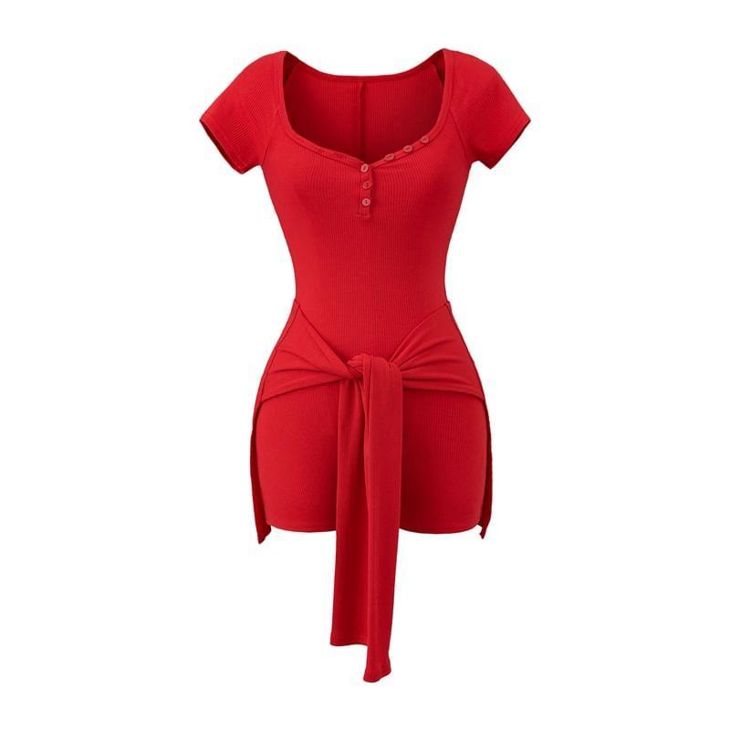 Set: Short-Sleeve V-Neck Plain Romper + Decorative Hem Product Image