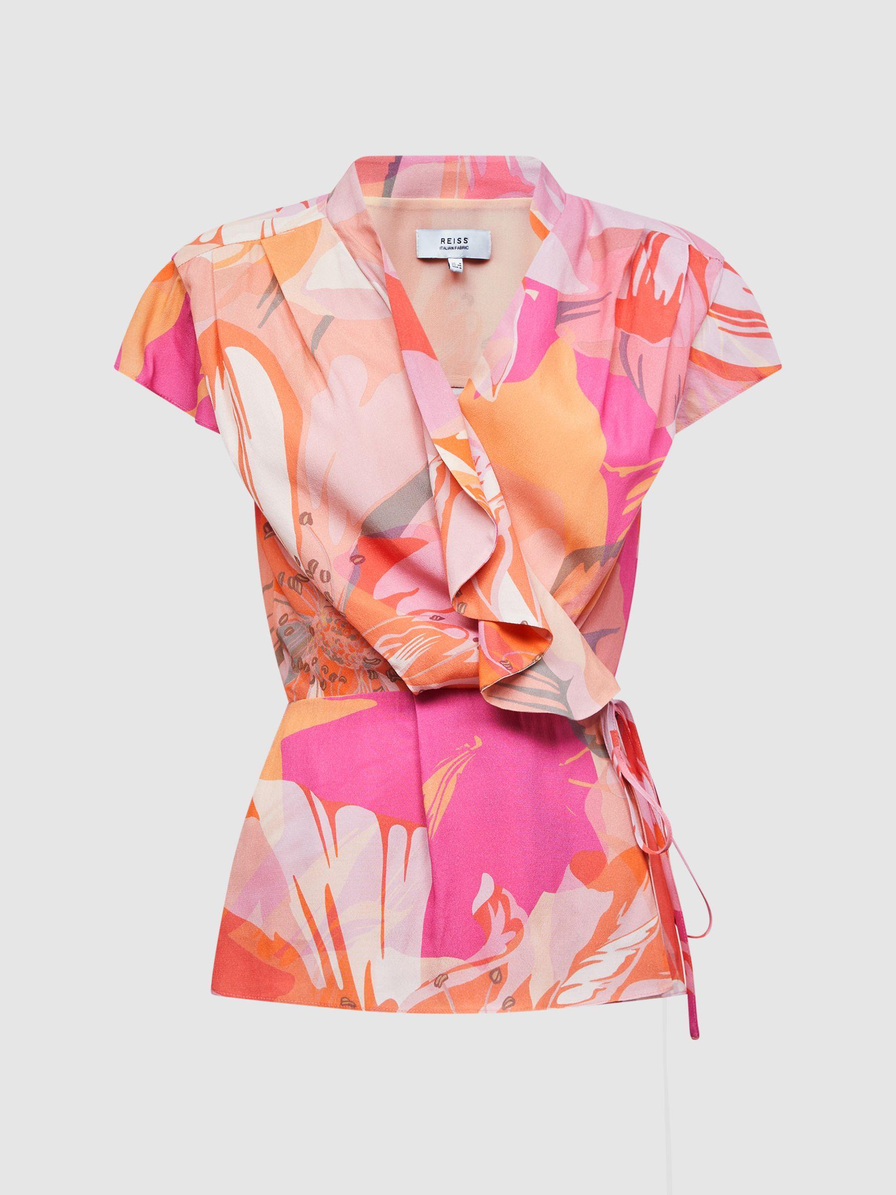 Tropical Print Wrap Blouse in Pink Product Image
