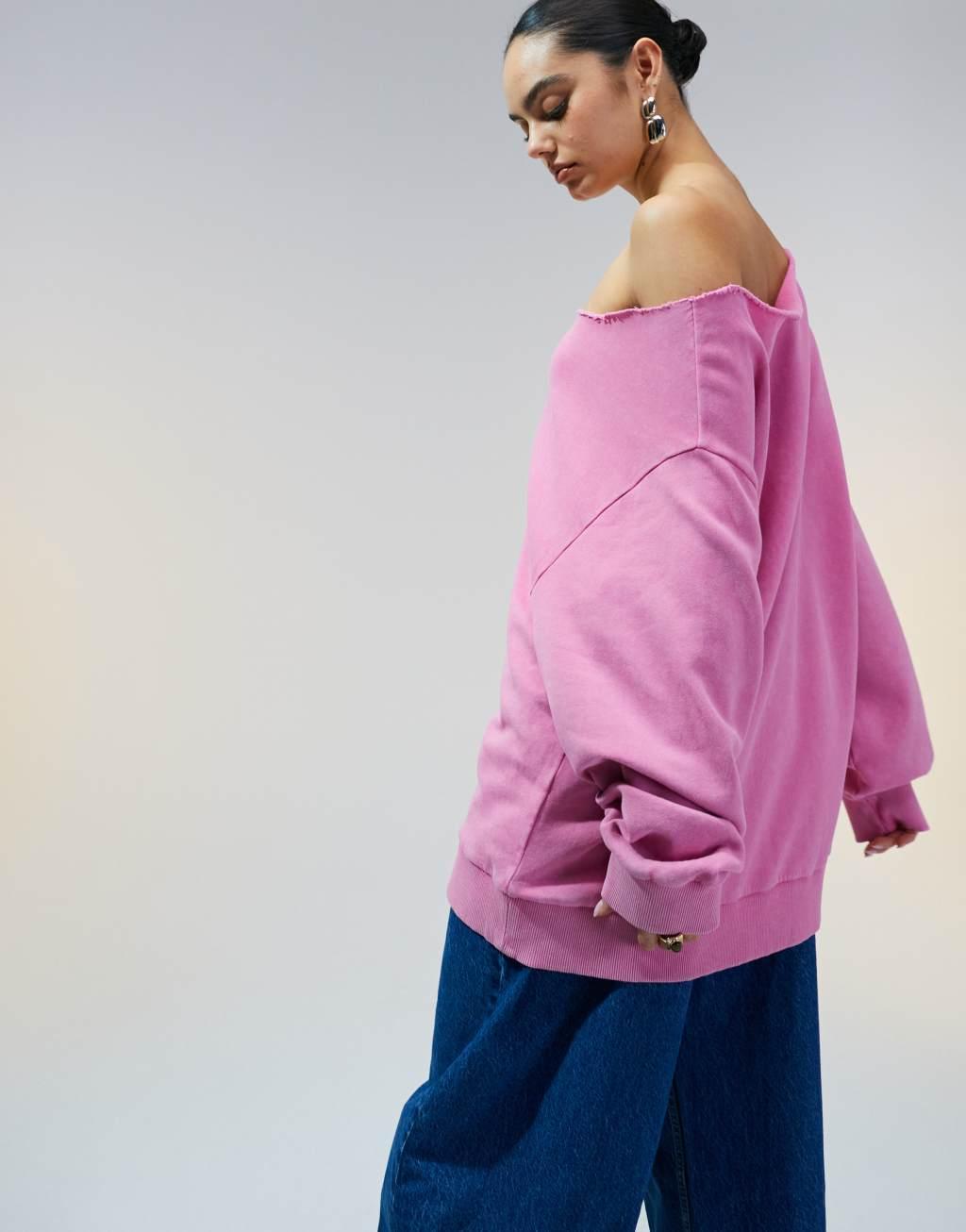 ASOS DESIGN off shoulder sweatshirt in washed pink Product Image