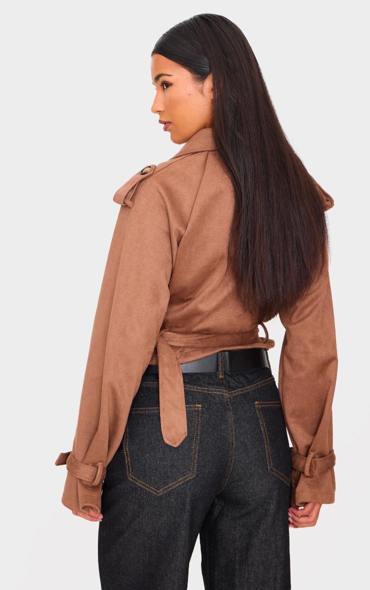 Brown Cropped Faux Suede Belted Trench Coat Product Image