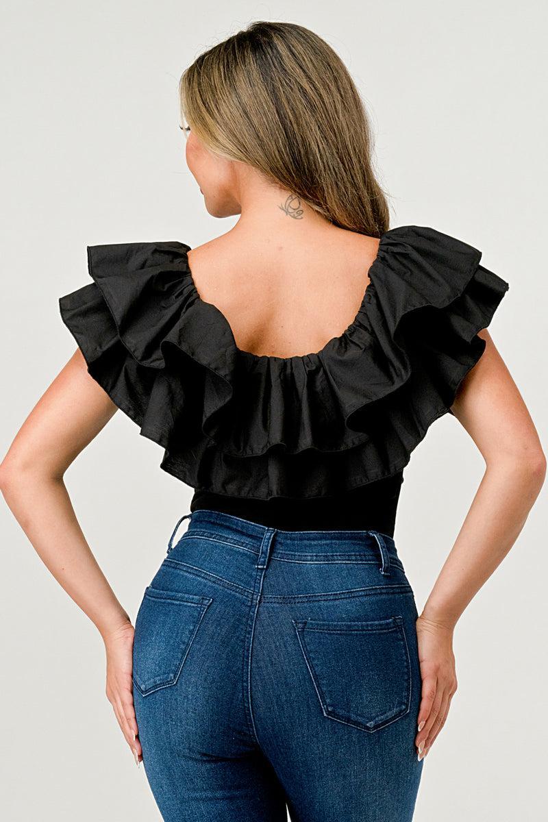 Black Popline Ruffle Bodysuit Product Image