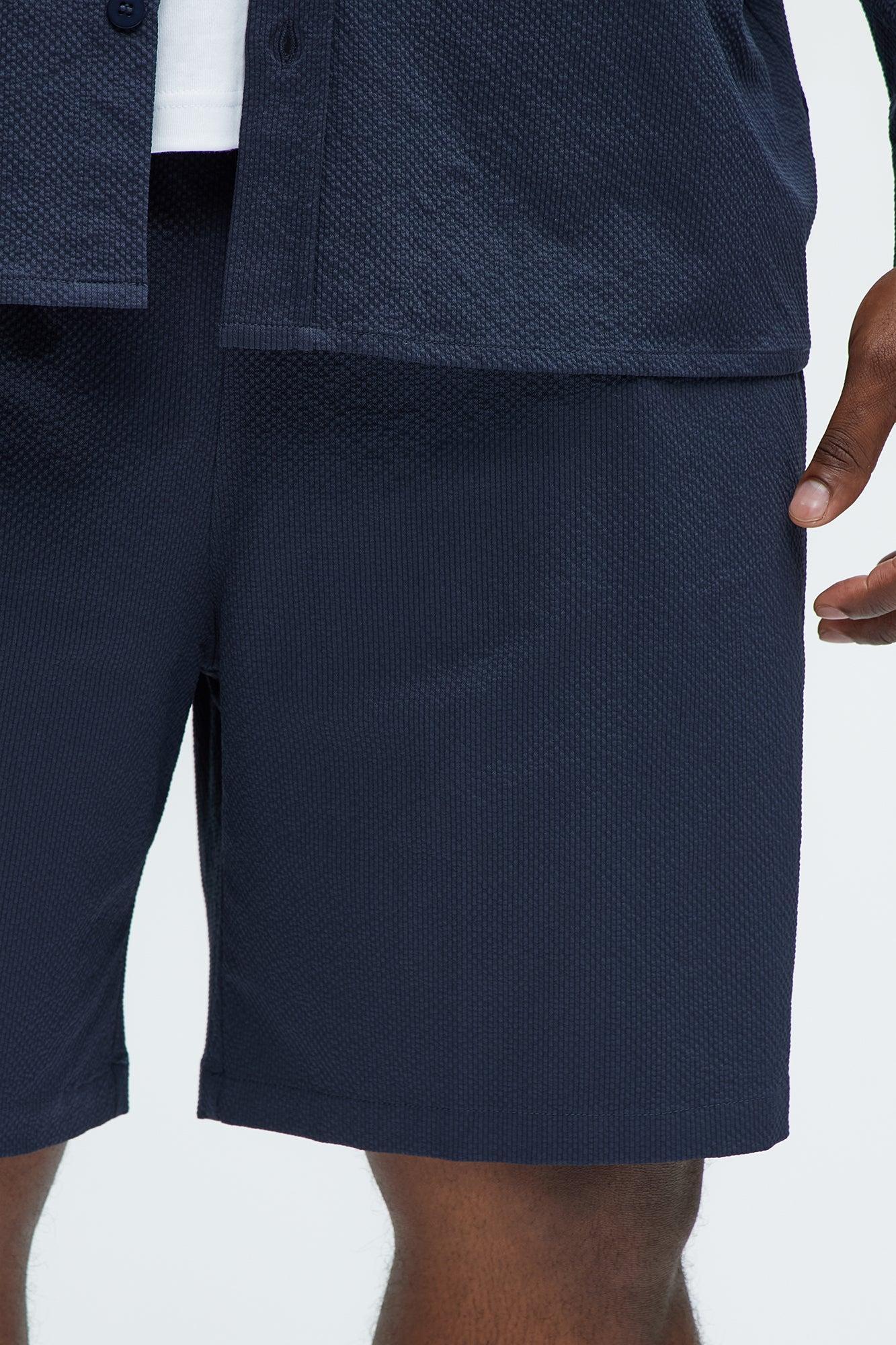 Crinkle Texture Taped Relaxed Shorts - Navy Product Image