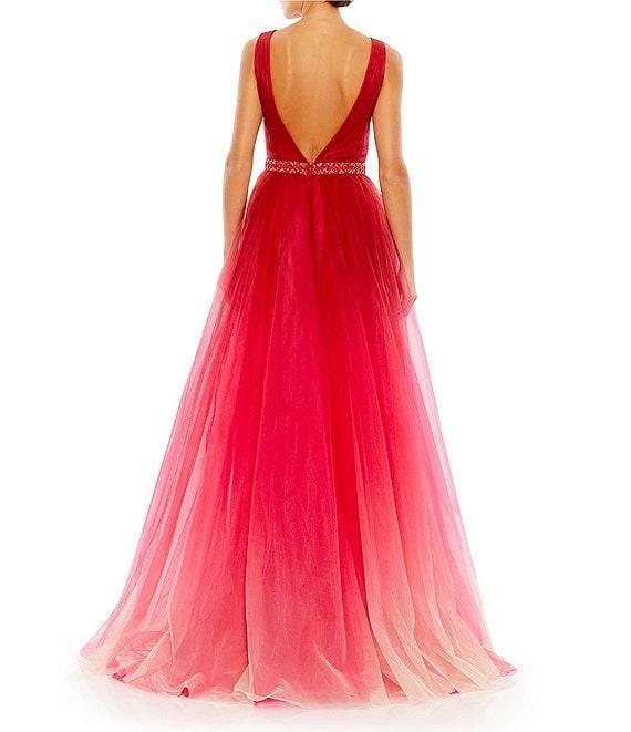 Mac Duggal Ombre Tulle Surplice V-Neck Sleeveless Embellished Belt Gown Product Image