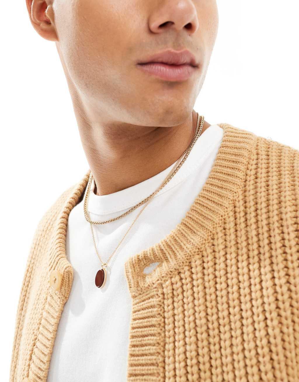 ASOS DESIGN two row necklace with red semi-precious oval pendant in gold tone Product Image