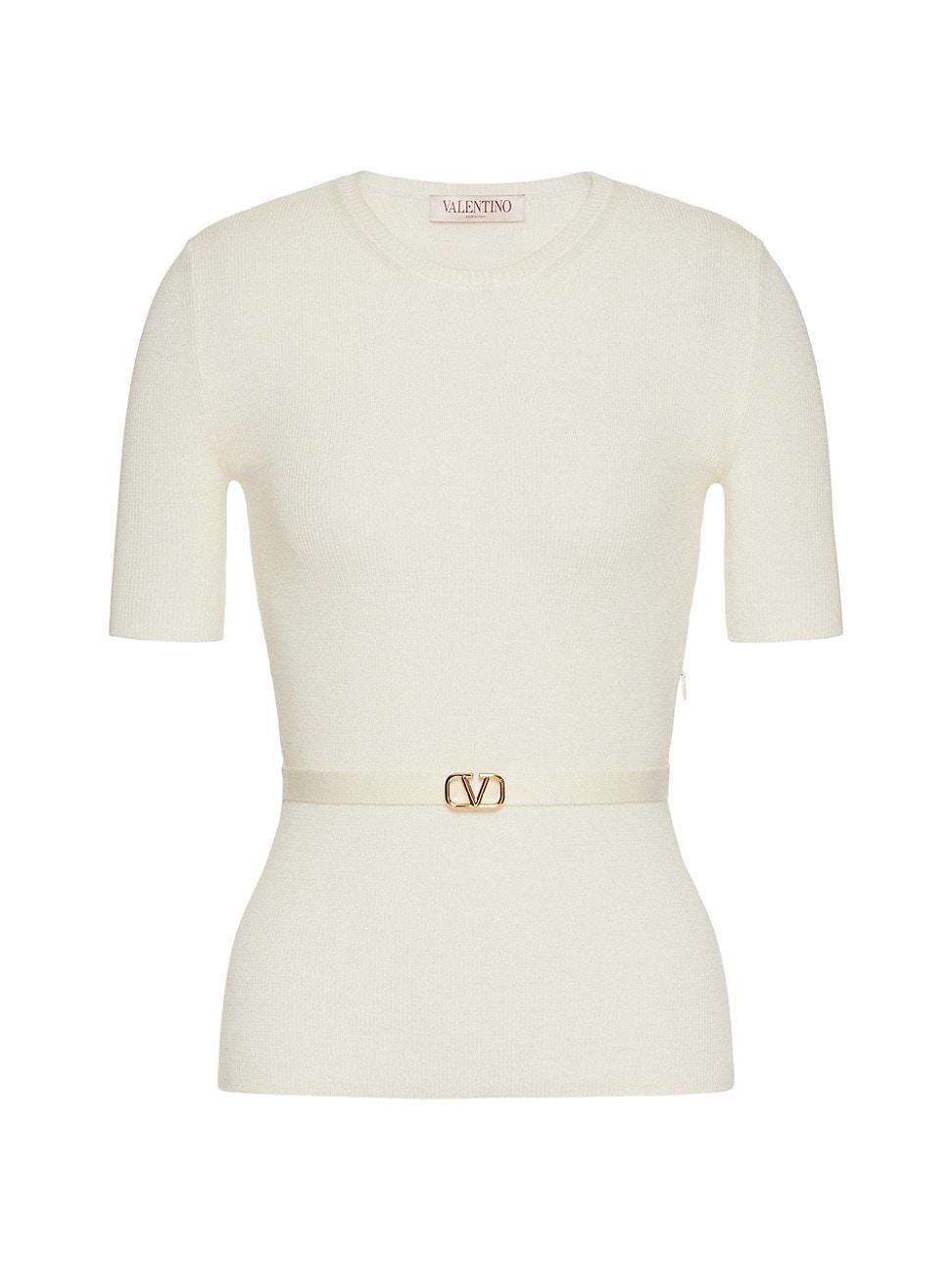 V-Logo Belted Short-Sleeve Rib Sweater Product Image