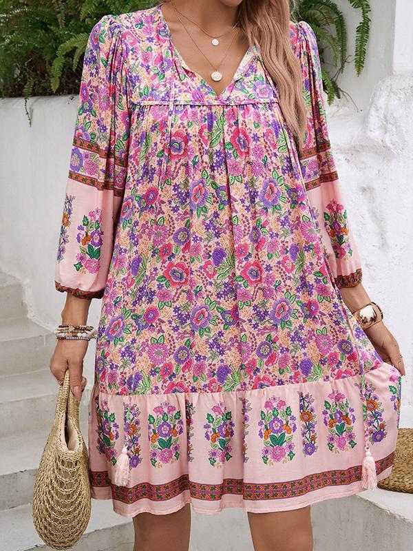 A-Line Loose Contrast Color Drawstring Flower Print Pleated Split-Joint V-Neck Mini Dresses Product Image