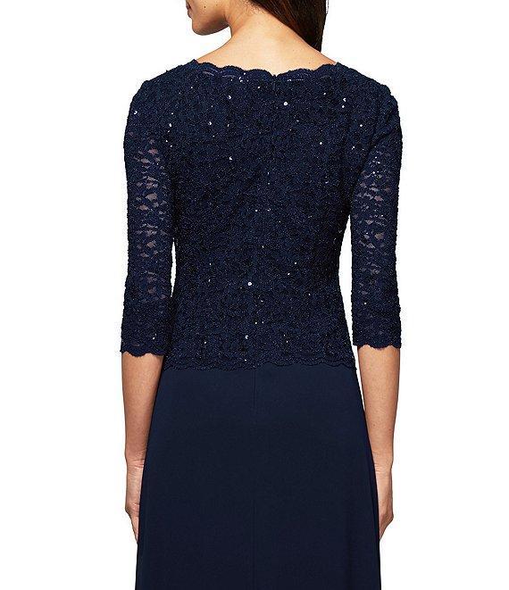 Alex Evenings 3/4 Sleeve Sequined Lace Crew Neck Scalloped Bodice Chiffon Skirted Gown Product Image