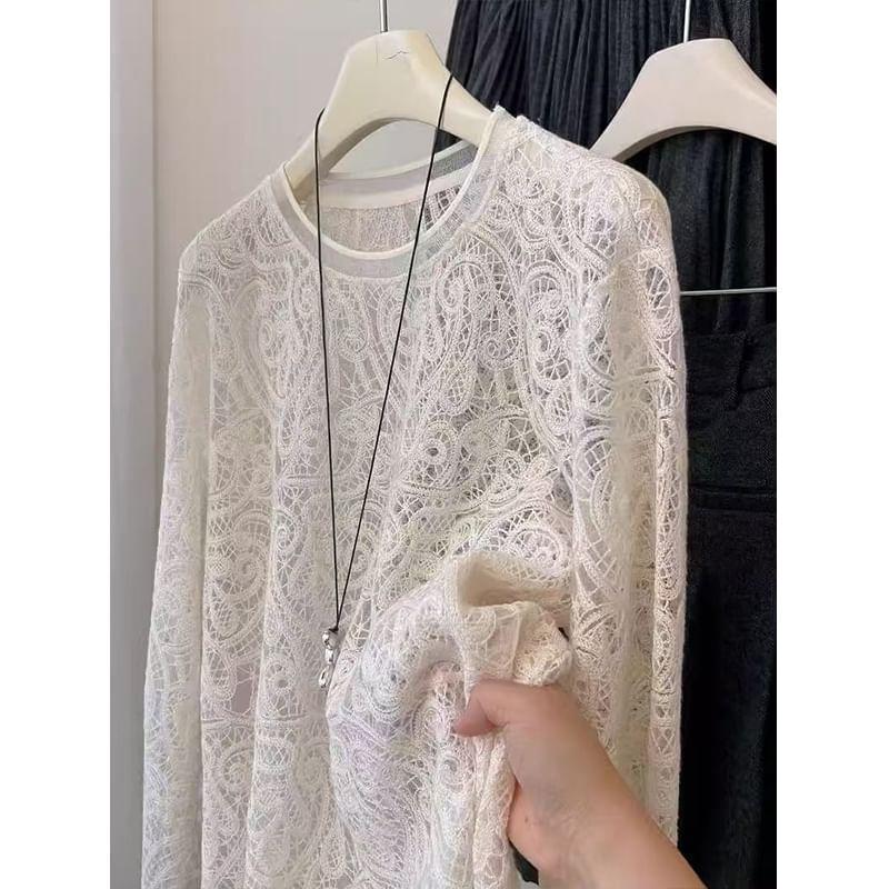 Long Sleeve Round Neck Floral Lace Top Product Image