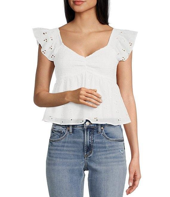 Honey & Sparkle Eyelet Printed Chiffon Smocked Butterfly Sleeve Babydoll Top Product Image