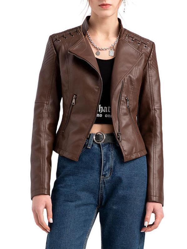 Long Sleeves Split-Joint Zipper Mock Neck PU Jackets Outerwear Product Image