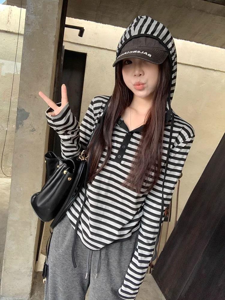 Long-Sleeve Henley Striped Hooded Tee Product Image