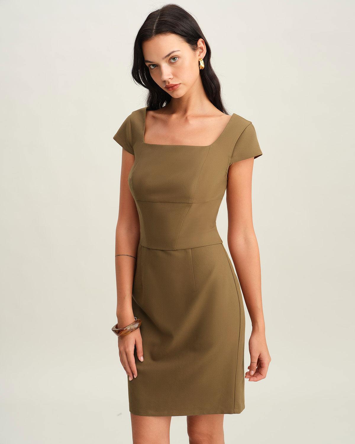 Brown Square Neck Cap Sleeve Mini Dress Product Image
