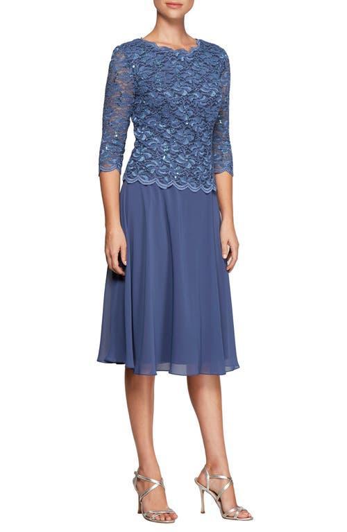 Alex Evenings Petite Size Scalloped Round Neck Sequin Lace Bodice 34 Sleeve Chiffon Skirted Tea Length Dress Product Image