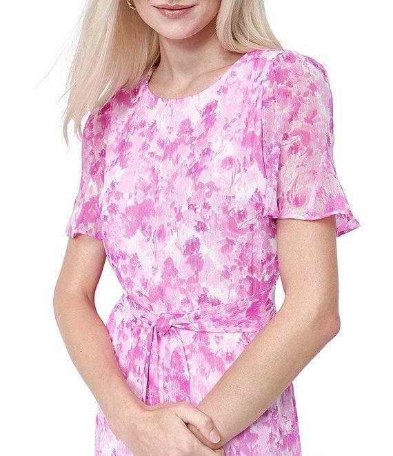 DKNY by Donna Karan Floral Printed Round Neckline Short Sleeve Tie Waist Midi Dress Product Image