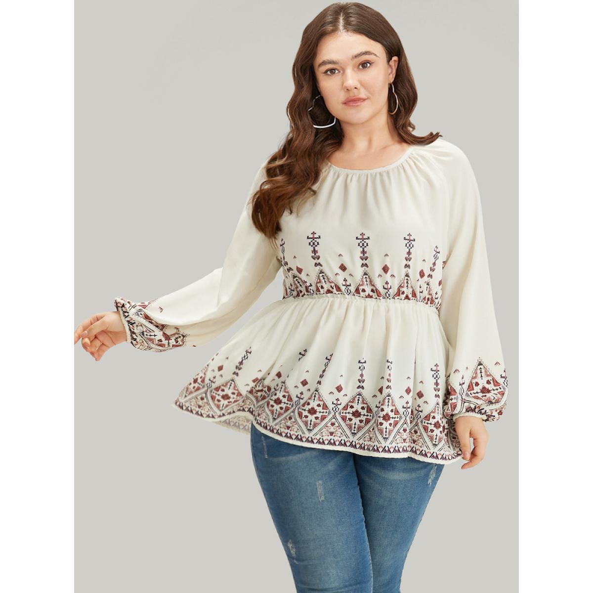 Plus Size Ivory Boho Print Crew Neck Gathered Elastic Waist Blouse Women Vacation Long Sleeve Round Neck Dailywear Blouses BloomChic 28/5X Product Image
