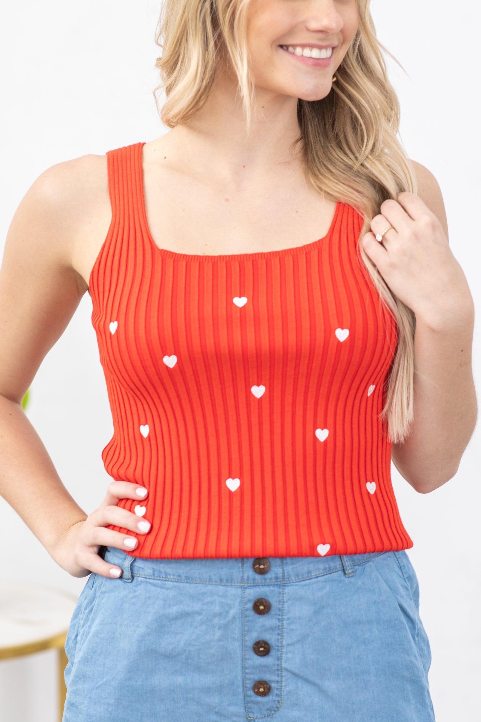 Red With White Embroidered Hearts Sweater Tank Product Image