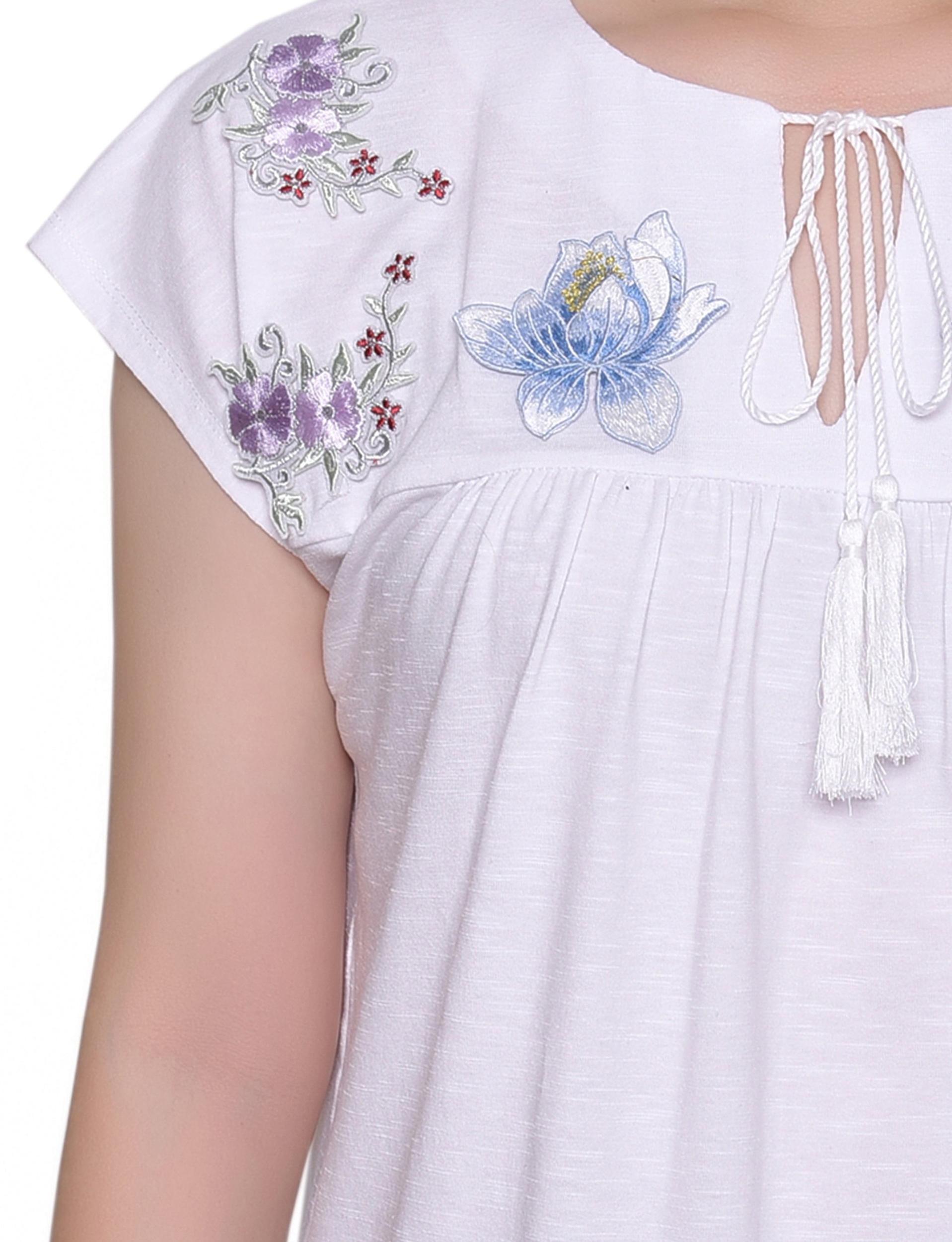 White Embroidered Yoke Extended Sleeve Top Product Image