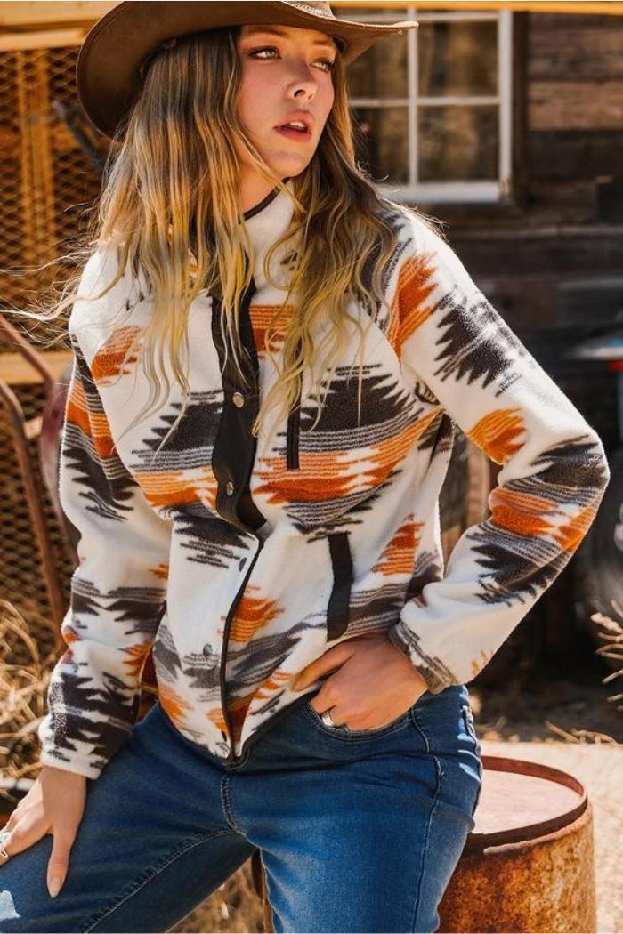 Western Aztec Snap Buttoned Fleece Jacket Product Image