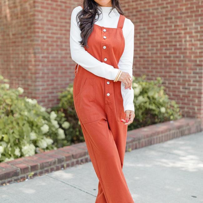 Can't Replace You Rust Button Front Wide Leg Overalls FINAL SALE Product Image