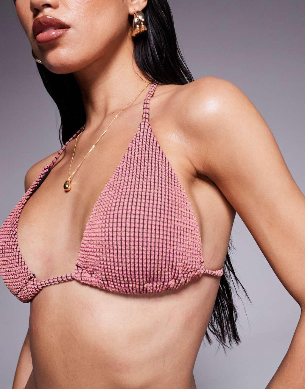 ASOS DESIGN Willow waffle texture triangle bikini top in pink Product Image