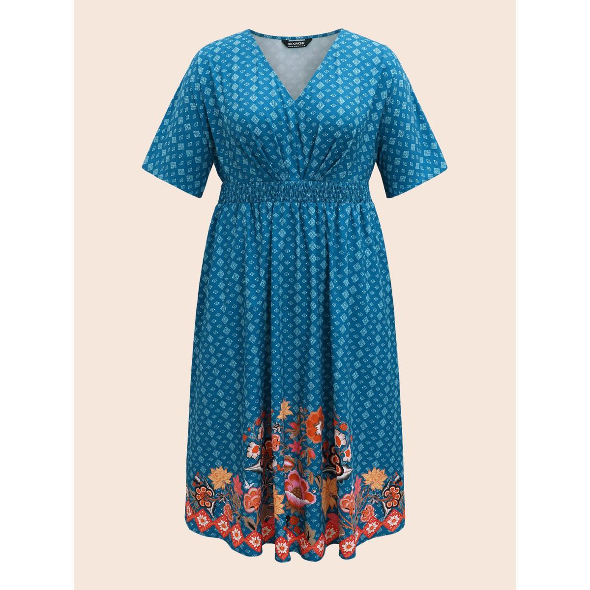 Plus Size Boho Print Shirred Pleated Dolman Sleeve Dress Aegean Women Resort Pleated V-neck Half Sleeve Curvy BloomChic 14-16/1X Product Image