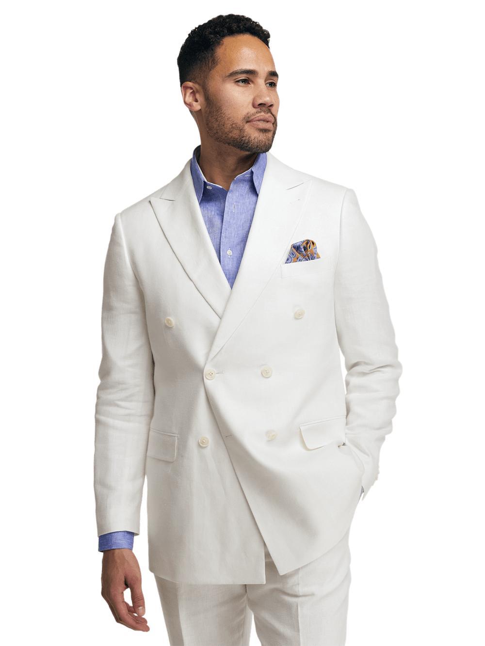 Linen Blend Double Breasted Peak Lapel Suit Jacket - White Product Image