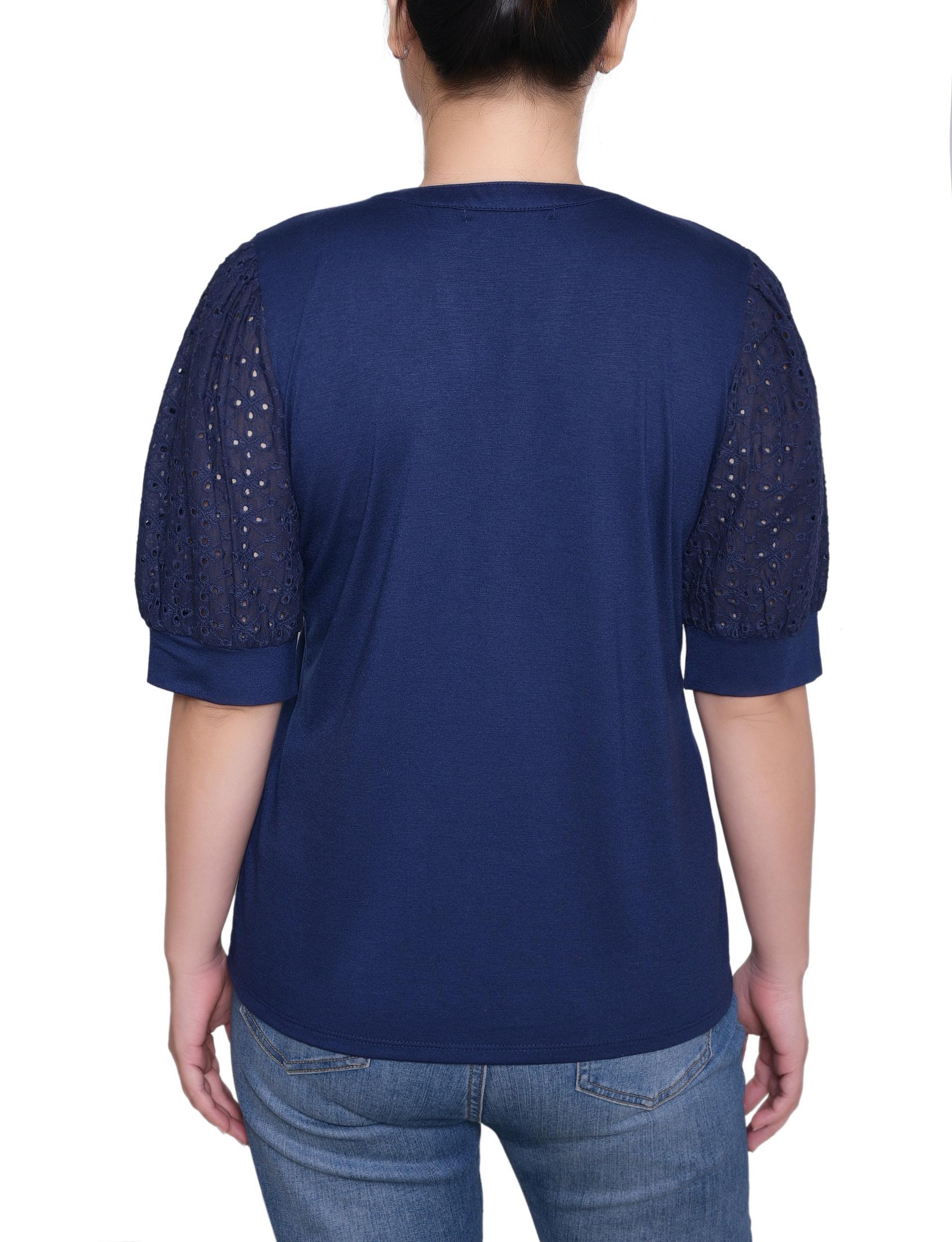 Navy Puff Elbow Sleeve Top Product Image