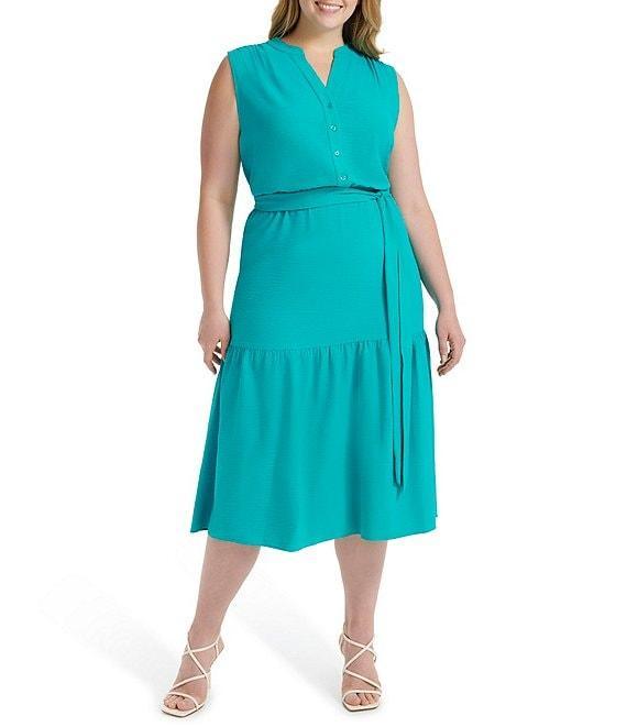 Donna Karan Plus Size V-Neck Button Front Midi Dress Product Image