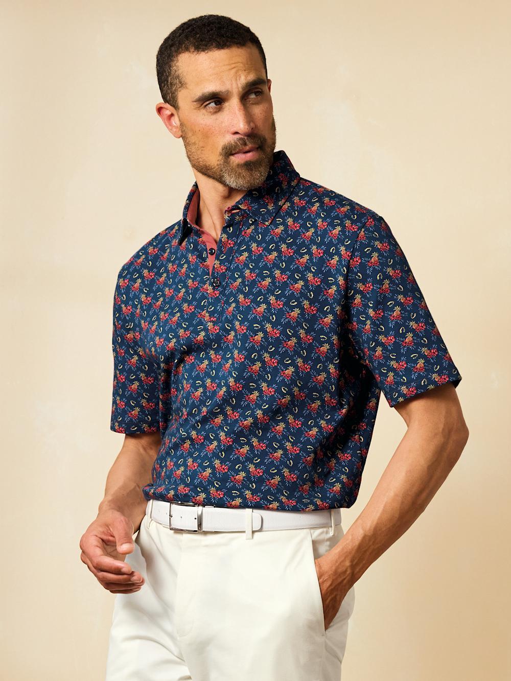 Cotton Full Button Front Polo - Navy Multi Product Image
