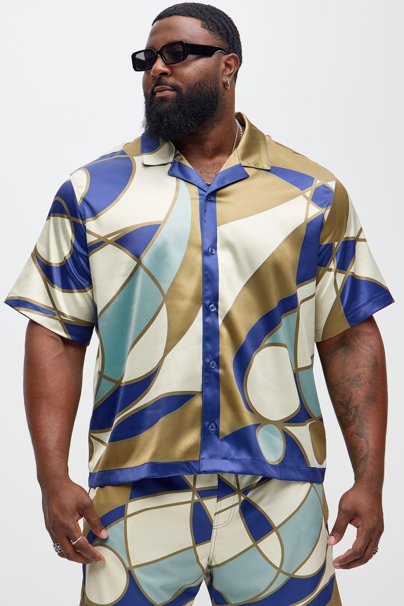 Geometric Paneled Cuban Collar Button Up Shirt - Multi Color Product Image