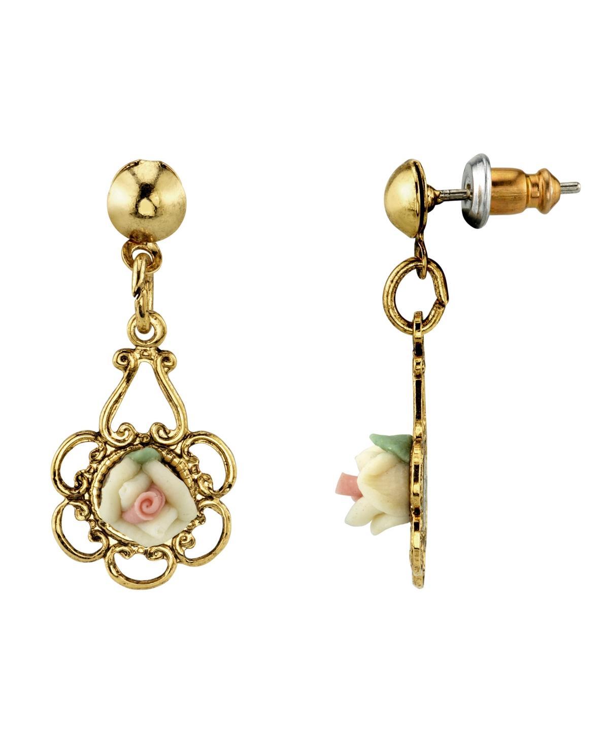 1928 Gold Tone Porcelain Rose Drop Earrings, Womens, White Product Image