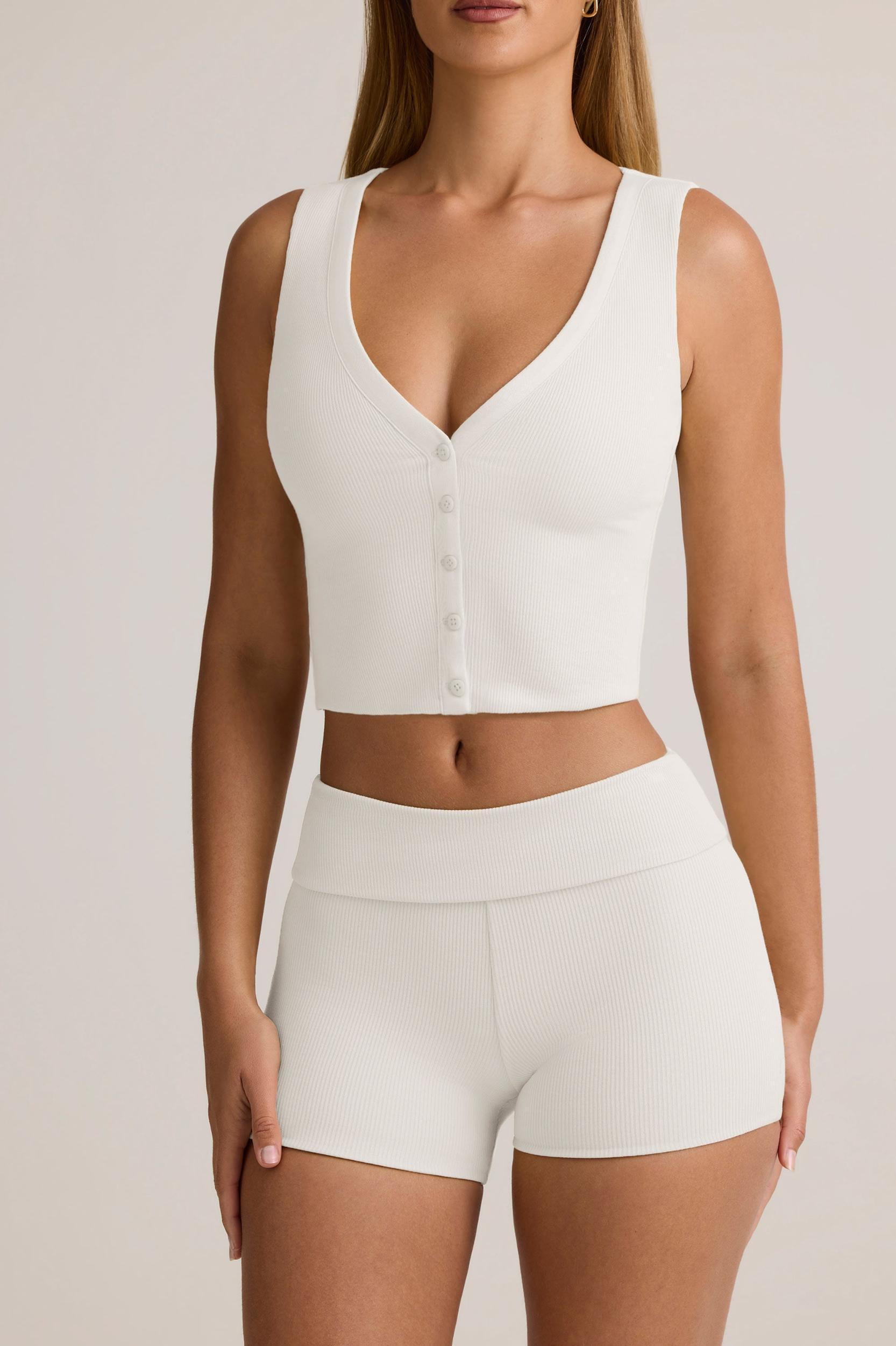 Modal Ribbed Button-Up Vest Top in White Product Image