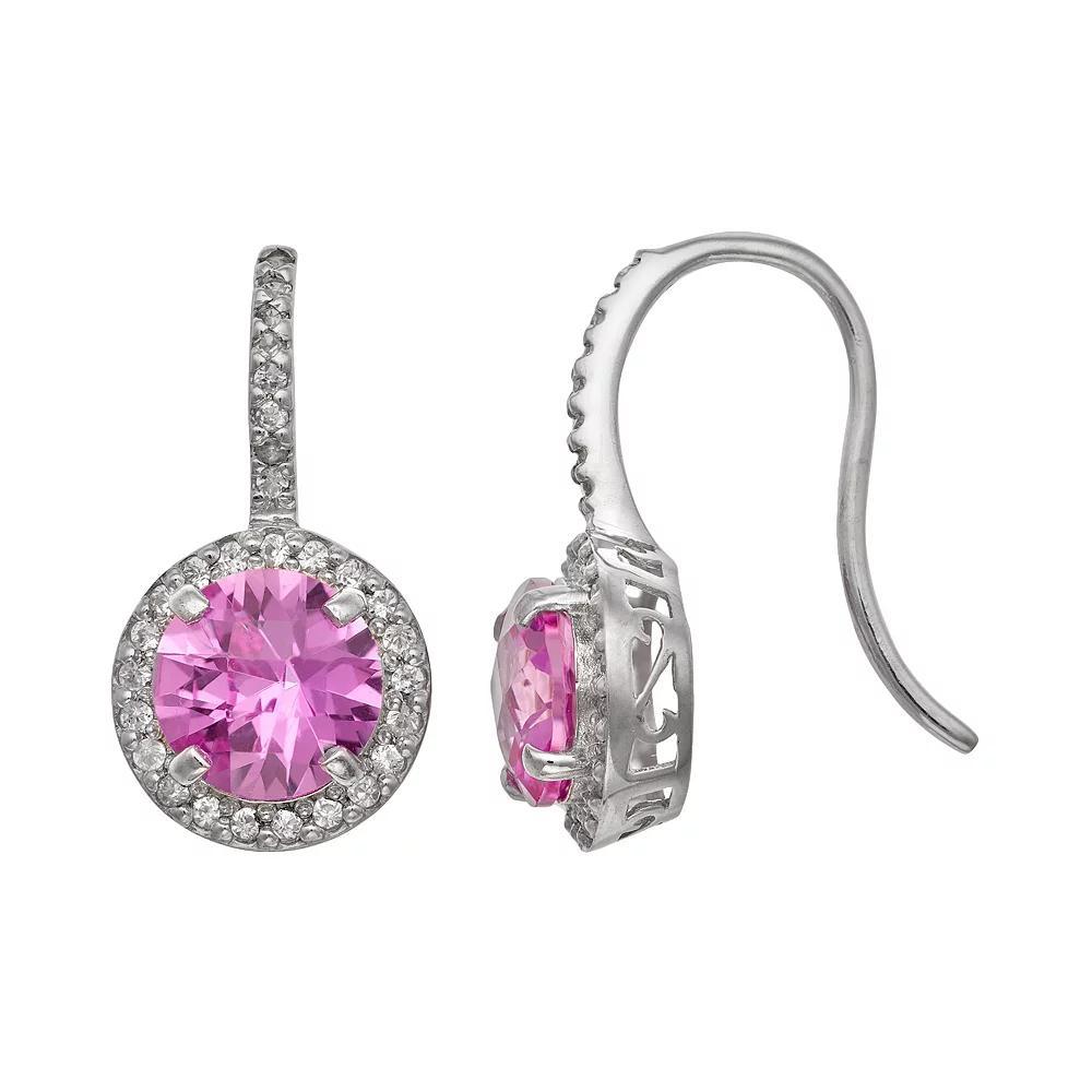 Sterling Silver Lab-Created Pink Sapphire and Lab-Created White Sapphire Halo Drop Earrings, Women's, Multi Product Image