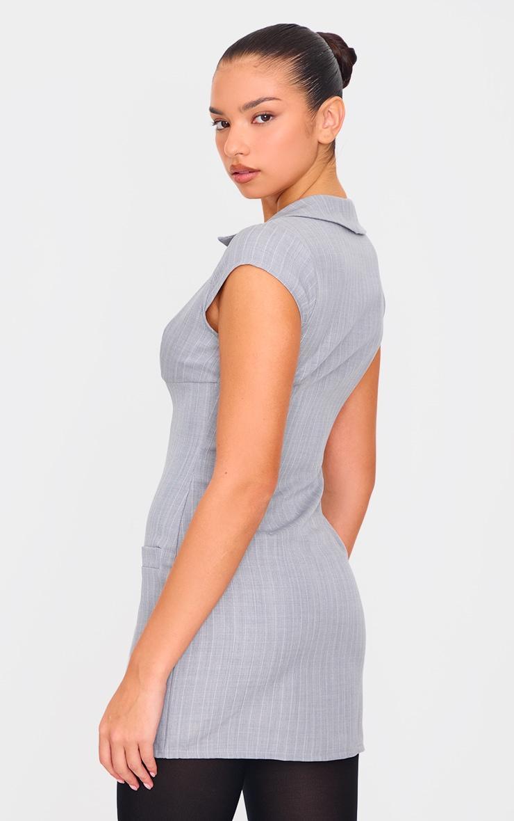 Grey Pinstripe Pocket Detail Zip Up Mini Dress Product Image