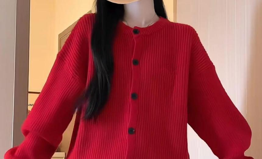 Round Neck Plain Gingham Panel Ribbed Cardigan Product Image