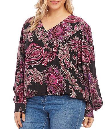 Karen Kane Plus Size V-Neck Blouse (Paisley) Women's Clothing Product Image