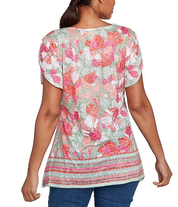 Ruby Rd. Petite Size Jersey Knit Floral Stripe Border Print Round Neck Short Sleeve Sharkbite Hem Top Product Image