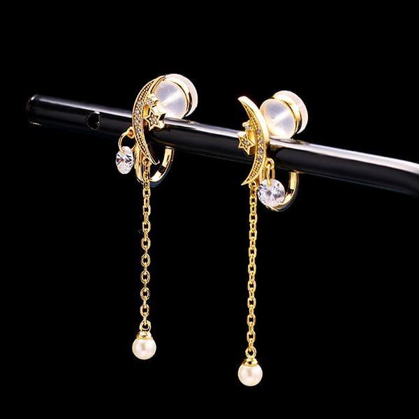 Moon & Star Rhinestone Pearl Fringe Sterling Silver Clip-On Earring Product Image