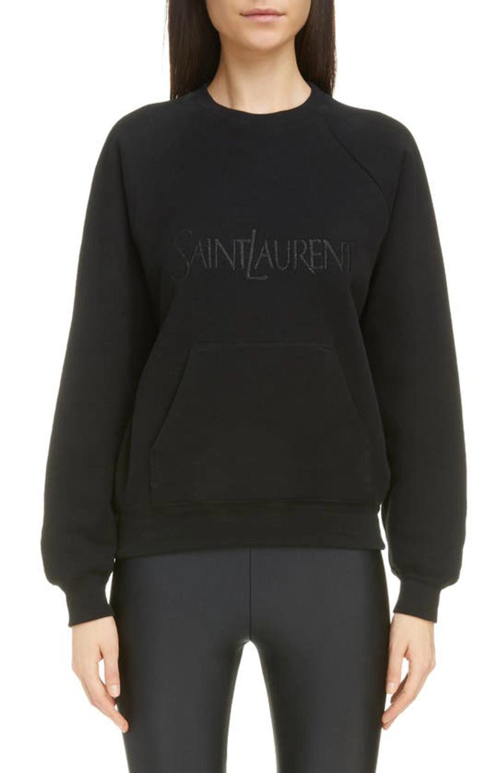 SAINT LAURENT Embroidered Logo Crew-neck Sweatshirt In Noir Brillant Product Image