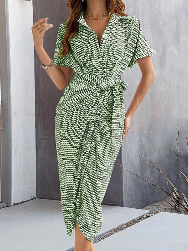 Bodycon Half Sleeves Buttoned Contrast Color Tied Waist Lapel Midi Dresses Product Image