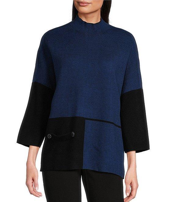 Ali Miles Color Block Knit Mock Neck 3/4 Dolman Sleeve Sweater Product Image