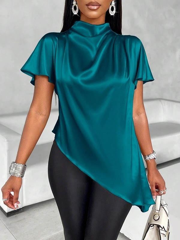 Loose Short Sleeves Asymmetric Solid Color Mock Neck Blouses&Shirts Tops Product Image