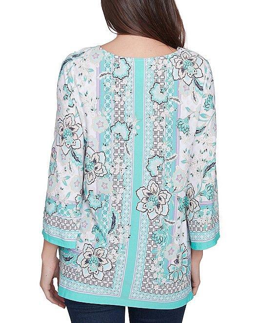 Ruby Rd. Petite Size Crepe Knit Printed Lace Trim V-Neck 3/4 Sleeve Top Product Image