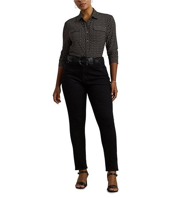 Lauren Ralph Lauren Plus Size Jersey Two-Tone Geometric Collared Long Sleeve Button Front Shirt Product Image